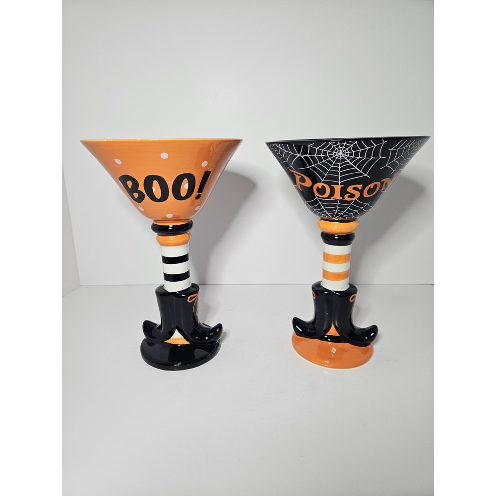 Big Lots Halloween Witch Legs Ceramic Candy Bowl Set Boo Poison Orange Black